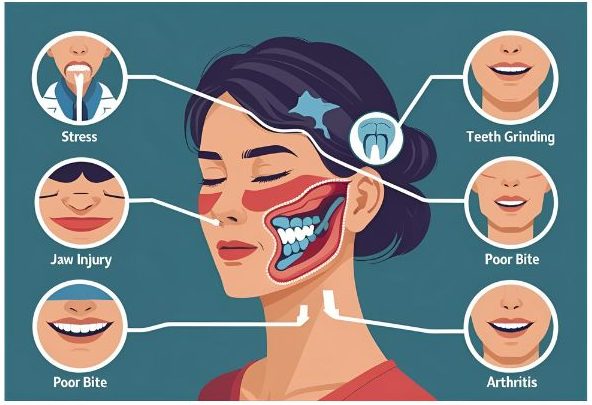 Common causes of TMJ disorder including teeth grinding, jaw injury, and stress