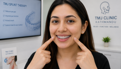 Woman wearing a custom TMJ splint for non-surgical TMJ disorder treatment.