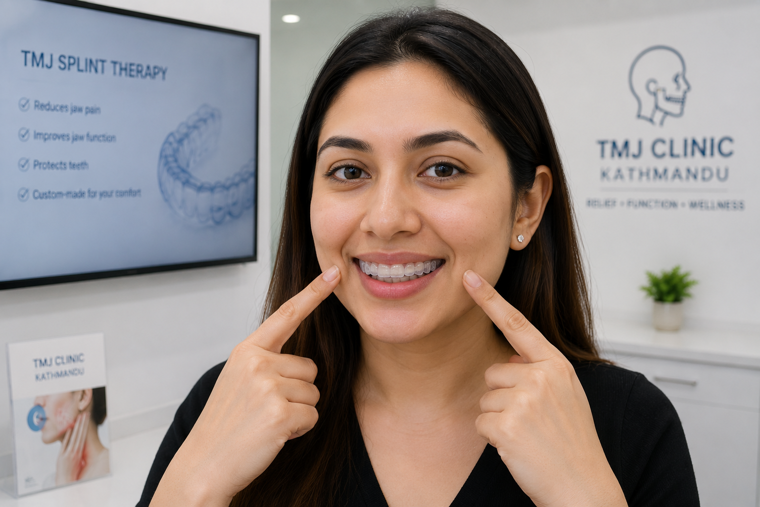 Woman wearing a custom TMJ splint for non-surgical TMJ disorder treatment.
